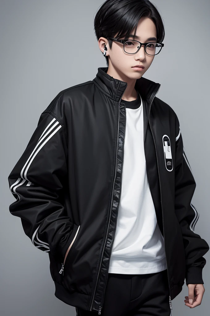 Anime boy hold gun ak 47 hair is white and is background is black he wear sunglasses black and looks likes bad