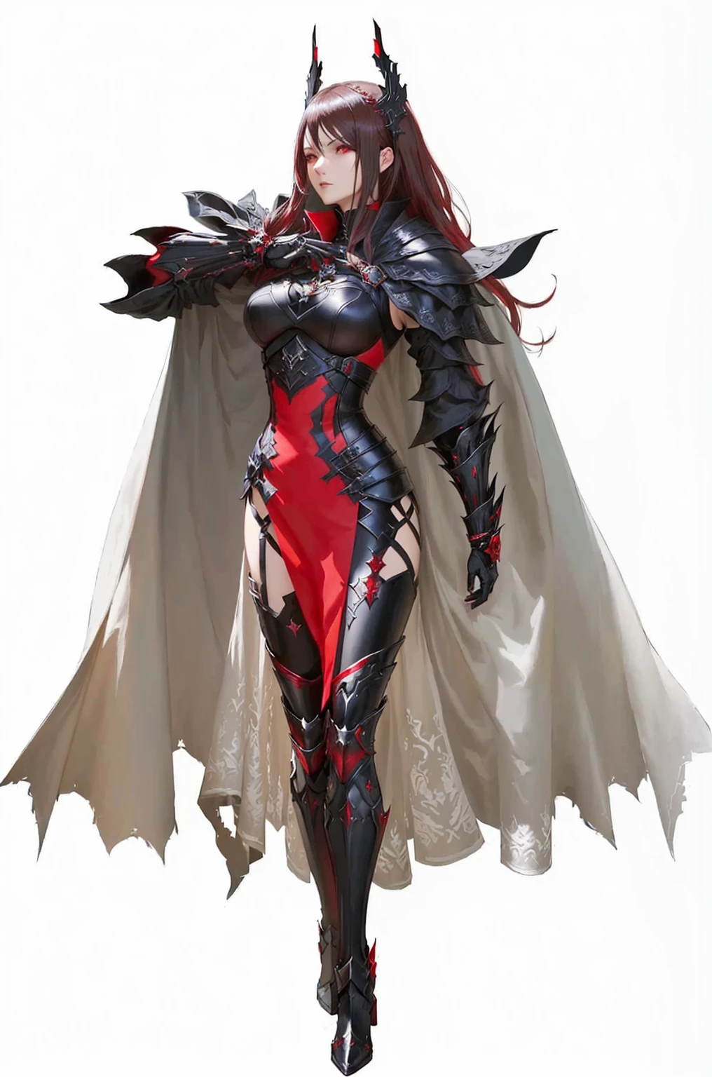 a woman in a red and black costume and a cape, pale black armor, black and red reflected armor, black and red armor, code vein, dark sorceress full view, drakengard, inspired by Li Chevalier, from arknights, official character art,