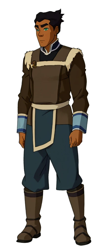 African-American, Bolin, water tribe traditional clothing mixed of blue and purple, with fur in shoulders and neck. Long sleeve, skinny, water tribe outfit. The character is wearing a blue, short-sleeved tunic with gold trim and fastenings down the front and fur collar, and fur on the shoulders. He has on dark purple pants tucked into knee-high boots. A green sash is tied around his waist. The overall style appears to be inspired by traditional East Asian clothing designs. And badass boots