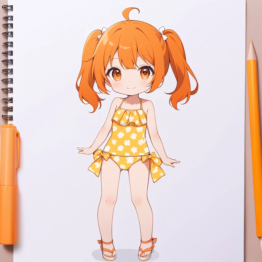 Orange Hair, Orange eyes,girl,Pigtails with both ends tied,smile, Little,  in swimsuit,girl一人,Littleキャラ,anime,whole body,mini