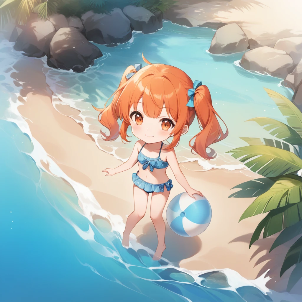 Orange Hair, Orange eyes,girl,Pigtails with both ends tied,smile, Little,  in swimsuit,girl一人,Littleキャラ,anime,whole body,mini