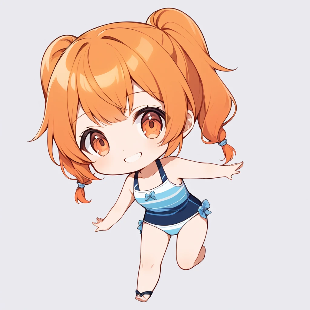 Orange Hair, Orange eyes,girl,Pigtails with both ends tied,smile, Little,  in swimsuit,girl一人,Littleキャラ,anime,whole body,mini