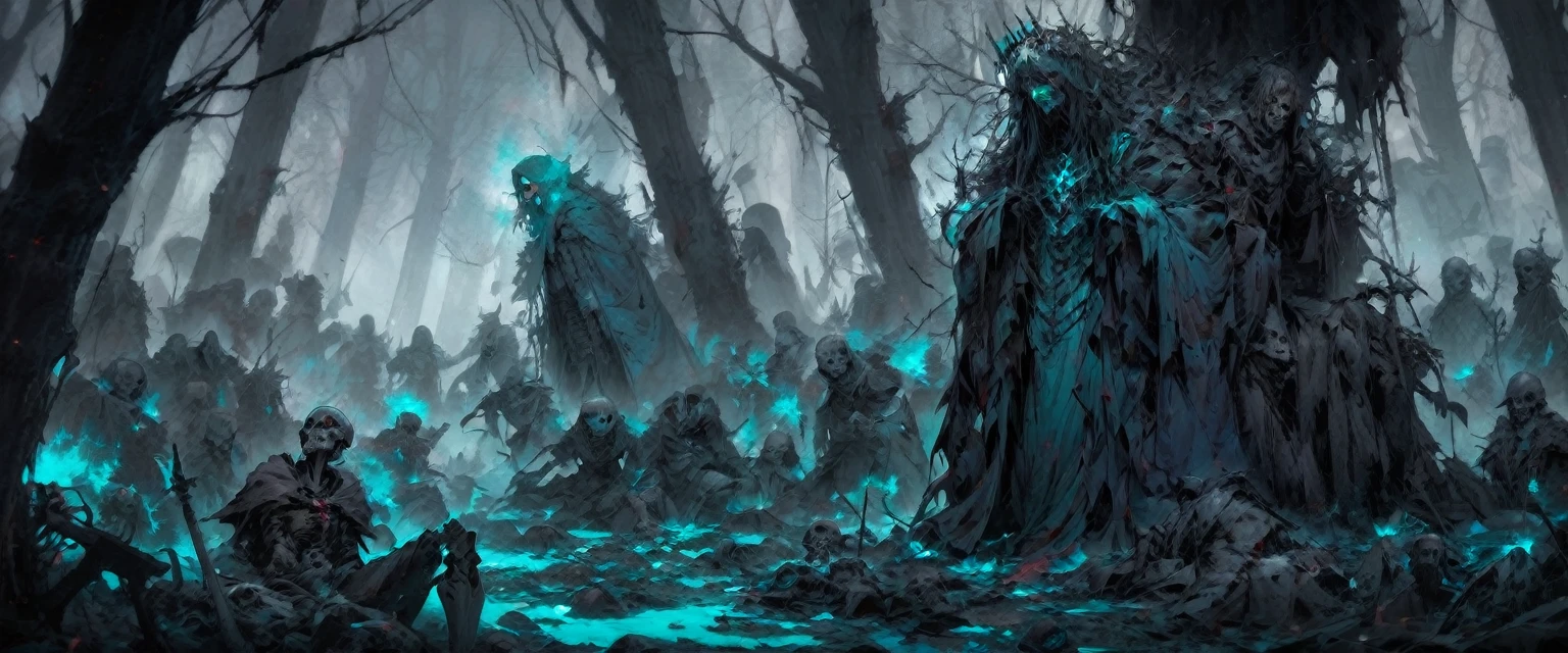 A warlock's patron, an undead king, with glowing blue eyes, in a dark forest, surrounded by a cold, cold color palette, a skeleton army in the background, wearing a bloodstained dress with a blood aura, The flesh is rotting, Skeleton tall 2 meter