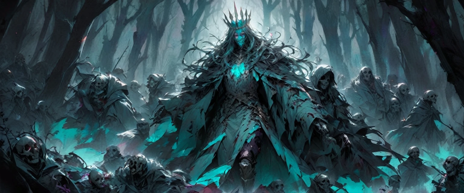 A warlock's patron, an undead king, with glowing blue eyes, in a dark forest, surrounded by a cold, cold color palette, a skeleton army in the background, wearing a bloodstained dress with a blood aura, The flesh is rotting, Skeleton tall 2 meter
