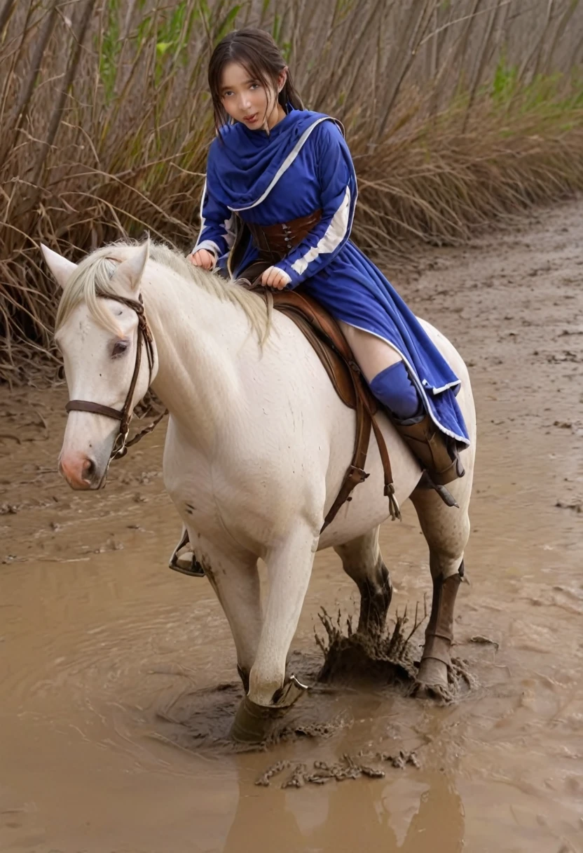 Anatomically correct構図,stuck in mud,(((masterpiece))),(((Highest quality))),((Tabletop:1.4, Highest quality)), (Realな写真:1.4), in the muddy river,dirty swamp,white horse ridden by girl meet with an accident that it fall over sticky swamp,Sweaty girl,
((1 cute girl knight)),rodeo,horse standing,Surprised face,stumble,aggressive,slouch,horse standing, prancing horse in pitfall,cute,Napoléon horse sliped in pitfall,in the pitfall,Uplifting,Knight Princess,
(超High resolution:1.2),, wonderful, Very detailed CG Unity 8k wallpaper, Very detailed, High resolution,fat horse ridden by japanese girl,Double,Royal blue armor and short cloak,Soaking in the swamp,Mud Splash,
Soft Light, Beautiful detailed girl, Droopy eyes,Very detailedな目と顔, Beautiful and exquisite nose, Beautiful and exquisite,  horse ridden by a girl can't stand up because its drowned in the sticky muddy pitfall:10.0 ,Displeased face:4.0,Real,Stir,Anatomically correct,action horse riding scene while struggle fighting
