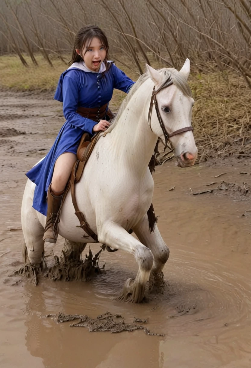 Anatomically correct構図,stuck in mud,(((masterpiece))),(((Highest quality))),((Tabletop:1.4, Highest quality)), (Realな写真:1.4), in the muddy river,dirty swamp,white horse ridden by girl meet with an accident that it fall over sticky swamp,Sweaty girl,
((1 cute girl knight)),rodeo,horse standing,Surprised face,stumble,aggressive,slouch,horse standing, prancing horse in pitfall,cute,Napoléon horse sliped in pitfall,in the pitfall,Uplifting,Knight Princess,
(超High resolution:1.2),, wonderful, Very detailed CG Unity 8k wallpaper, Very detailed, High resolution,fat horse ridden by japanese girl,Double,Royal blue armor and short cloak,Soaking in the swamp,Mud Splash,
Soft Light, Beautiful detailed girl, Droopy eyes,Very detailedな目と顔, Beautiful and exquisite nose, Beautiful and exquisite,  horse ridden by a girl can't stand up because its drowned in the sticky muddy pitfall:10.0 ,Displeased face:4.0,Real,Stir,Anatomically correct,action horse riding scene while struggle fighting