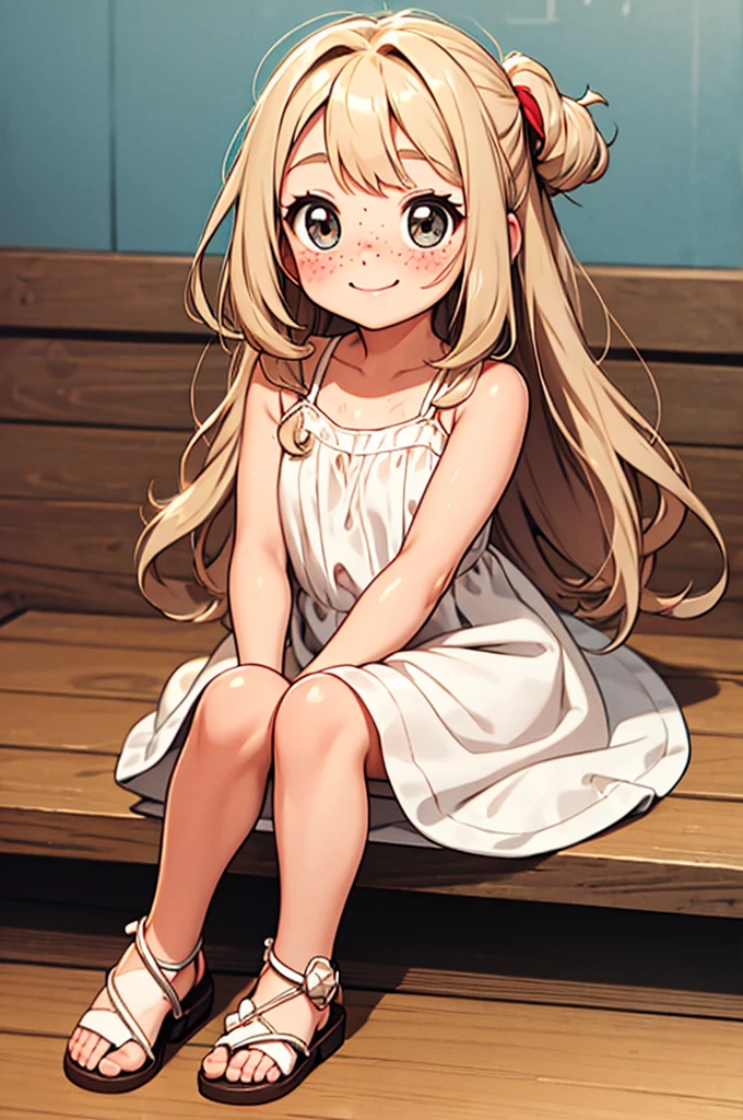 Chibi , full body , big hazel eyes , long wavy hair without bangs , blonde , white summer dress with straps , pretty sandals , blush face , sitting on the floor with a white with tan marks shihtzu dog, smiling face , cute freckles