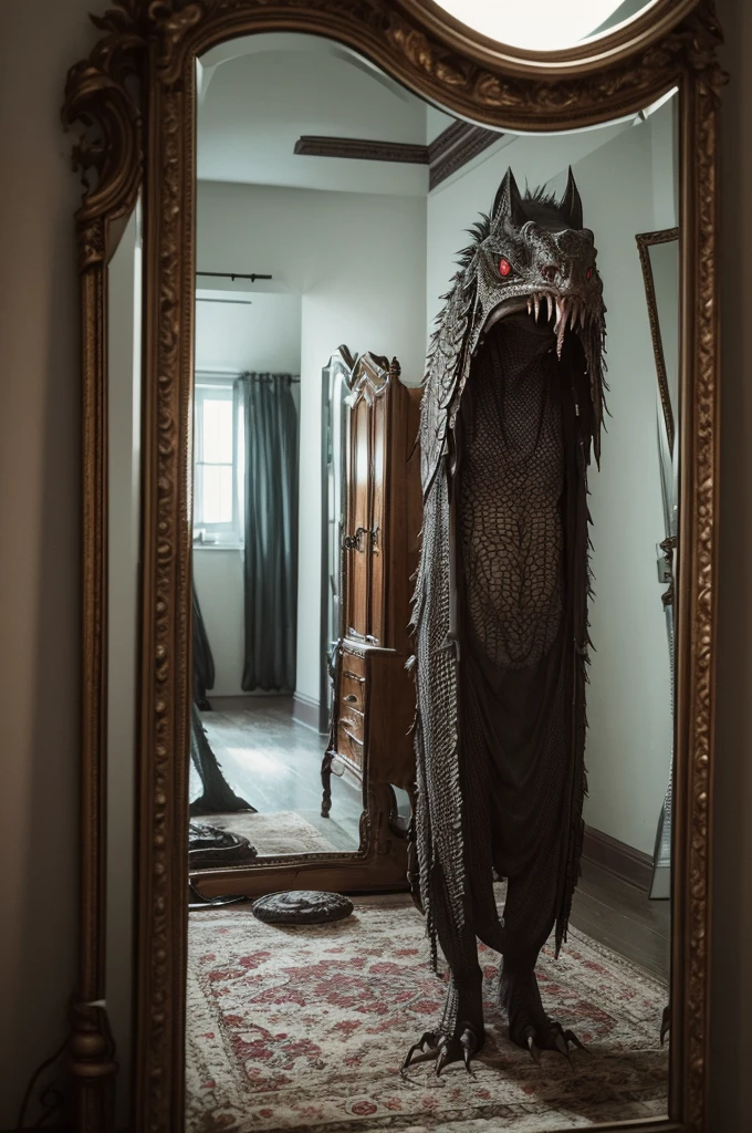 a girl, in your moonlit room, approaches an antique mirror inherited from his grandmother. Instead of seeing your reflection, she sees a grotesque monster with scaly skin, red eyes and sharp claws.