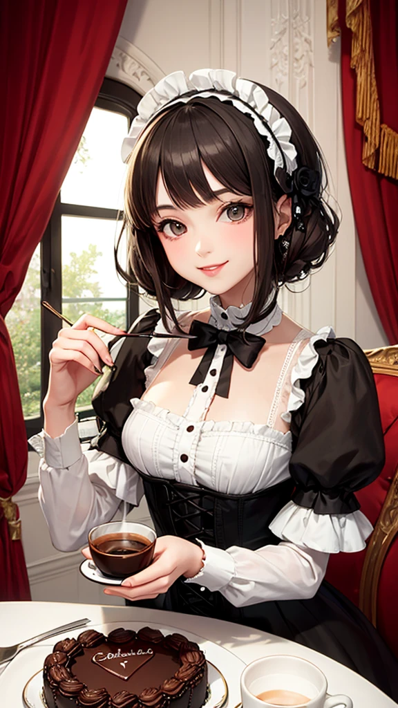 Coffee Break,Gothic Lolita,Victorian Era,Gothic ,one girl,Smile,Chocolate cake