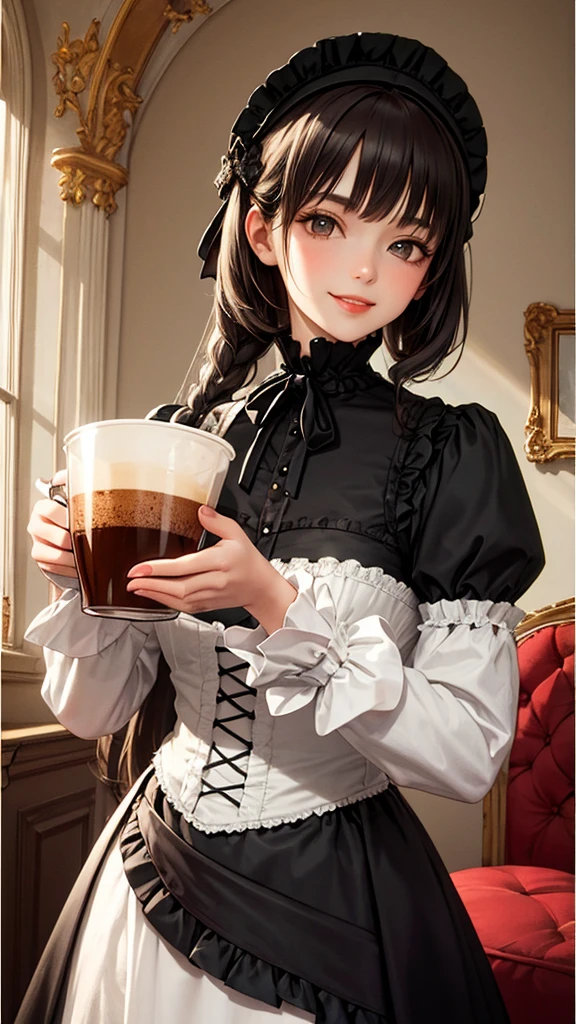 Coffee Break,Gothic Lolita,Victorian Era,Gothic ,one girl,Smile，Chocolate cake