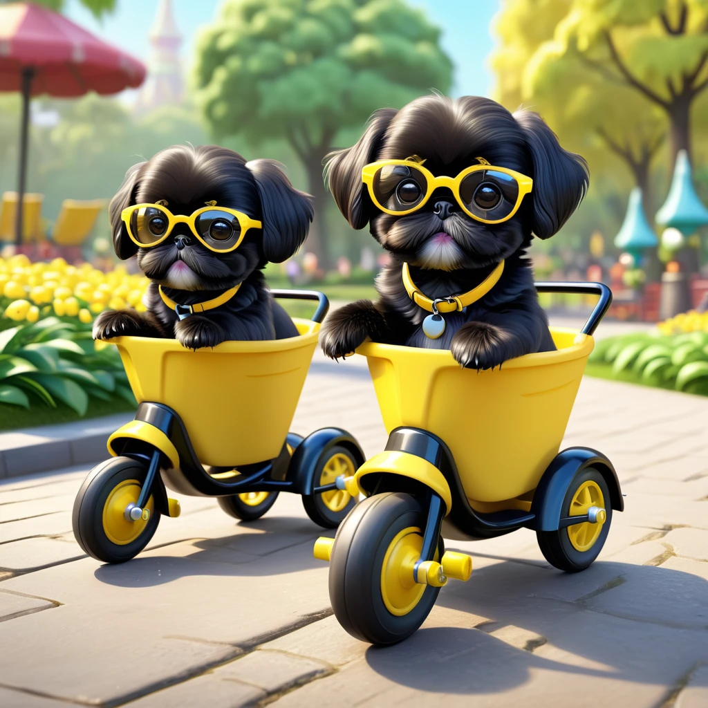2 Adorable small black Shih Tzu puppies wearing yellow sunglasses riding tricycles park background 3d cartoon 3d render disney pixar style