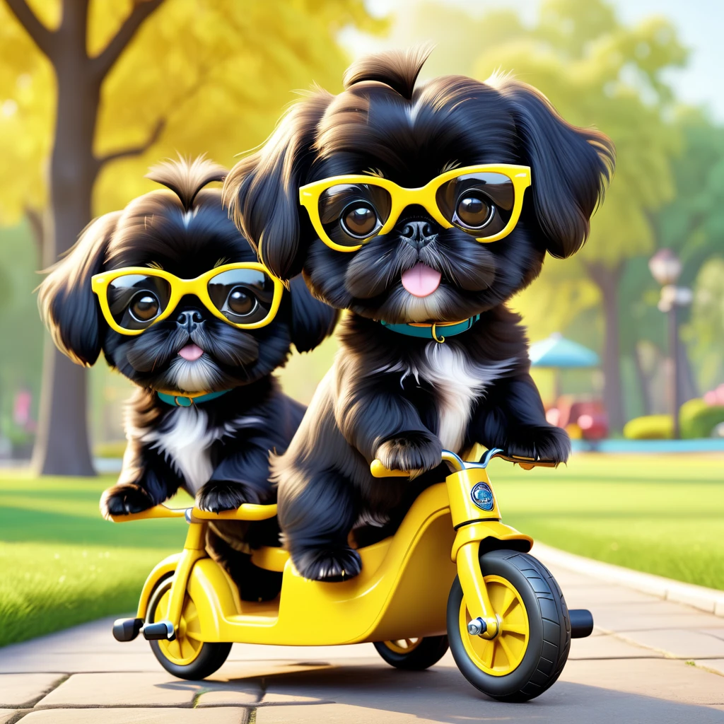 2 Adorable small black Shih Tzu puppies wearing yellow sunglasses riding tricycles park background 3d cartoon 3d render disney pixar style