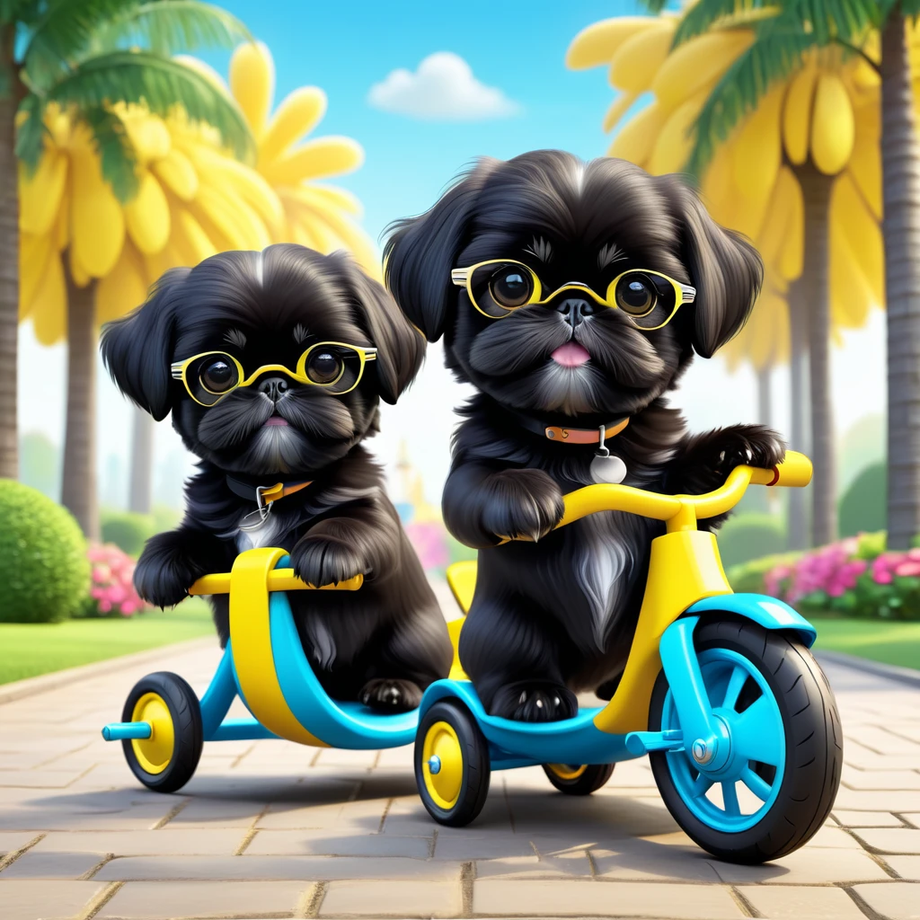 2 Adorable small black Shih Tzu puppies wearing yellow sunglasses riding tricycles park background 3d cartoon 3d render disney pixar style