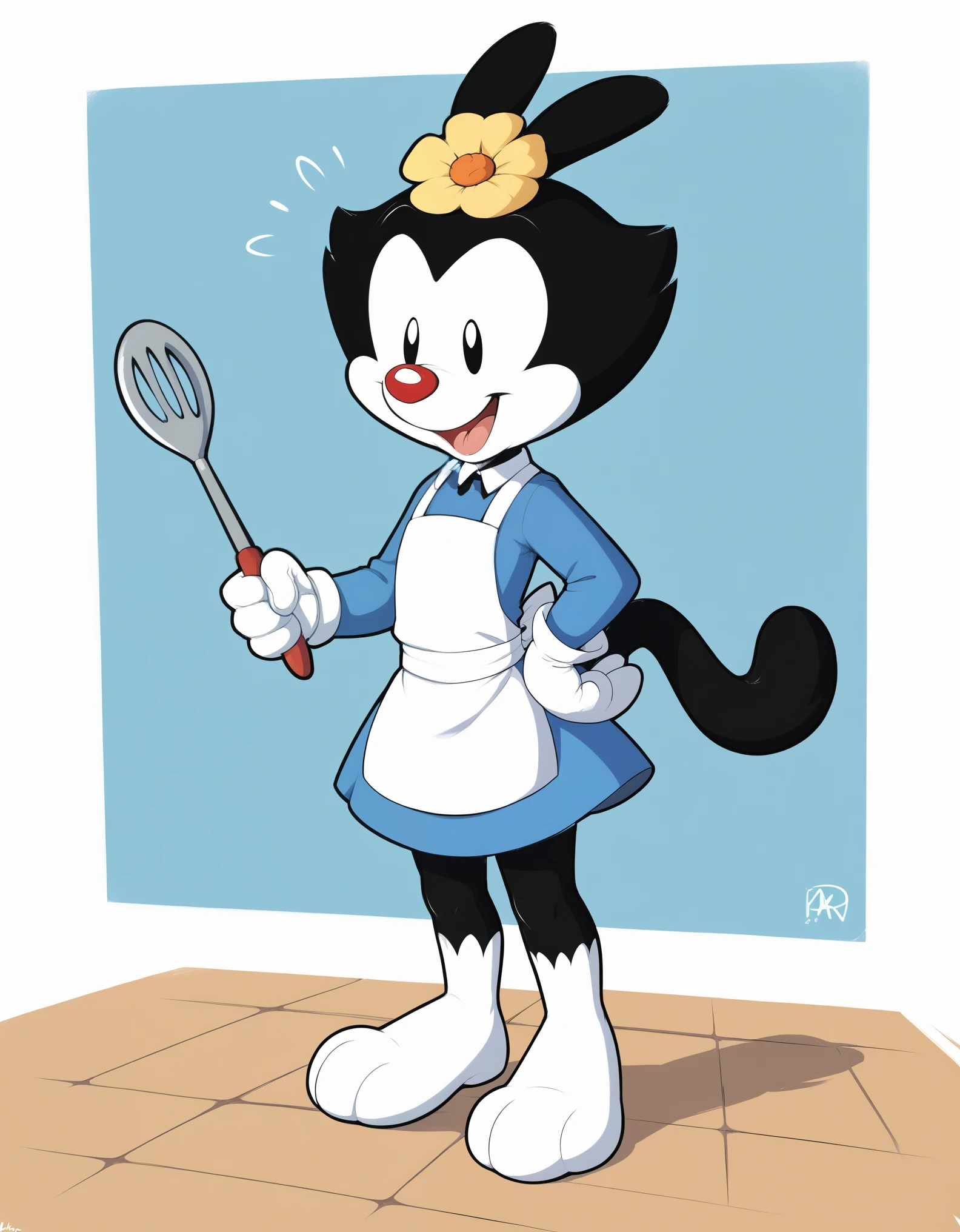 score_9, score_8_up, score_8, furry, solo, 1girl, animal ears, d0tw4n3r, hair ornament, hair flower, white gloves, tail, apron, uniform,