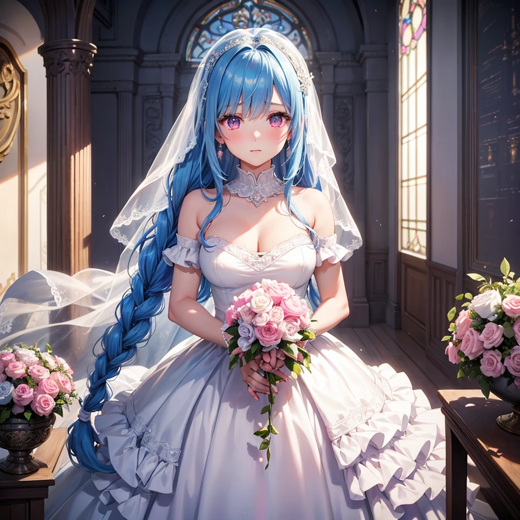 Sky Blue Medium Hair, (Braided Hair),(Pink Eyes),Fair skin ,(whole body),(1 girl),bride,blush,Straight bangs, 6月のbride,Wedding dress,(masterpiece, Highest quality, Very detailed, Best Shadow), (Detailed Background), (Beautifully detailed face), High Contrast, (Best lighting, Very delicate and beautiful), ((Cinematic Light)), colorful, Hyper Detail, Dramatic Light, Intricate details,Wedding hall,