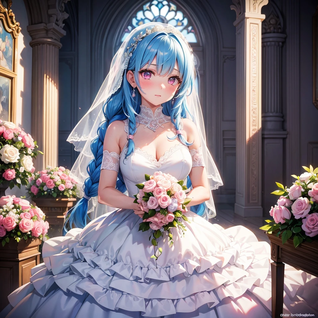 Sky Blue Medium Hair, (Braided Hair),(Pink Eyes),Fair skin ,(whole body),(1 girl),bride,blush,Straight bangs, 6月のbride,Wedding dress,(masterpiece, Highest quality, Very detailed, Best Shadow), (Detailed Background), (Beautifully detailed face), High Contrast, (Best lighting, Very delicate and beautiful), ((Cinematic Light)), colorful, Hyper Detail, Dramatic Light, Intricate details,Wedding hall,