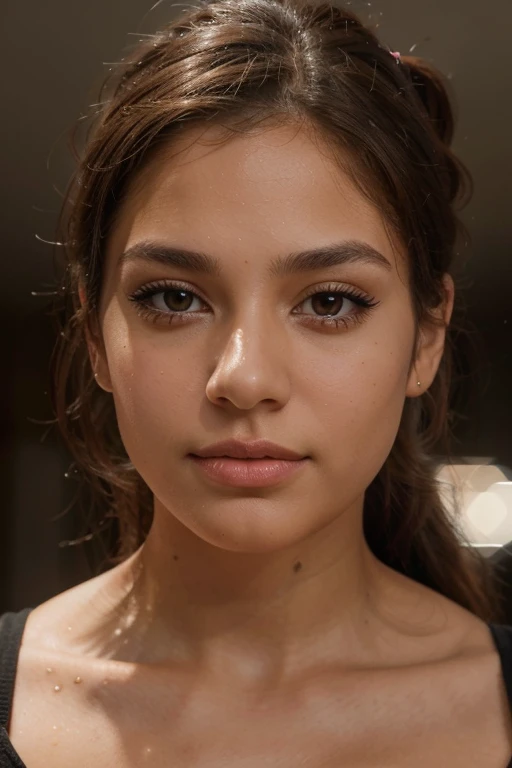 A white background with A beautiful Latina girl with light makeup, brown eyes, straight brown hair with a ponytail, glossy lips and mascara, looking directly at the camera, detailed face, realistic, photorealistic, portrait, high quality, 8k, ultra-detailed, vivid colors, professional lighting, natural lighting