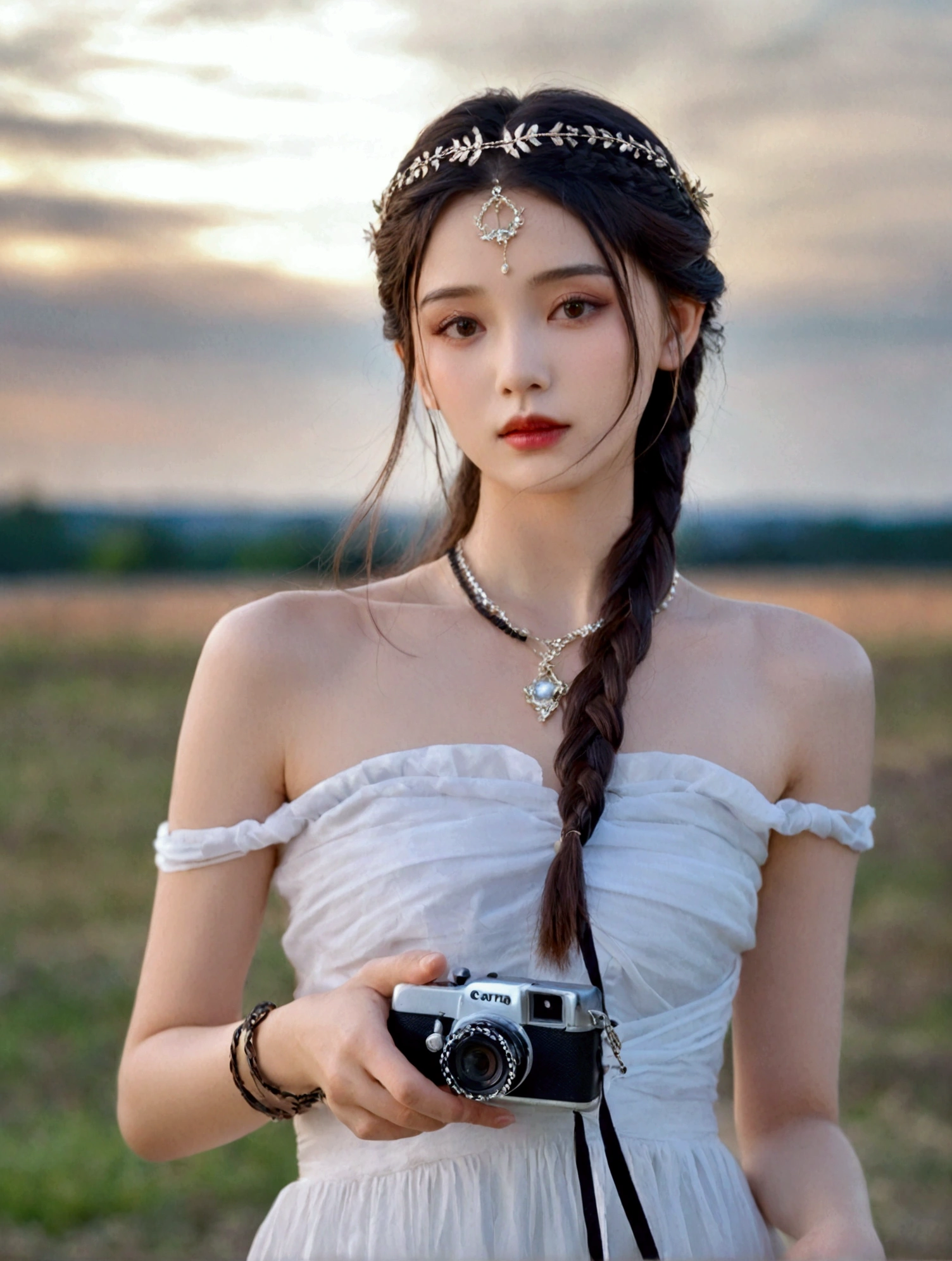 1girl, solo, long hair, brown hair, black hair, dress, holding, bare shoulders, jewelry, upper body, braid, outdoors, parted lips, necklace, white dress, bracelet, strapless, blurry background, circlet, realistic, camera, holding camera
