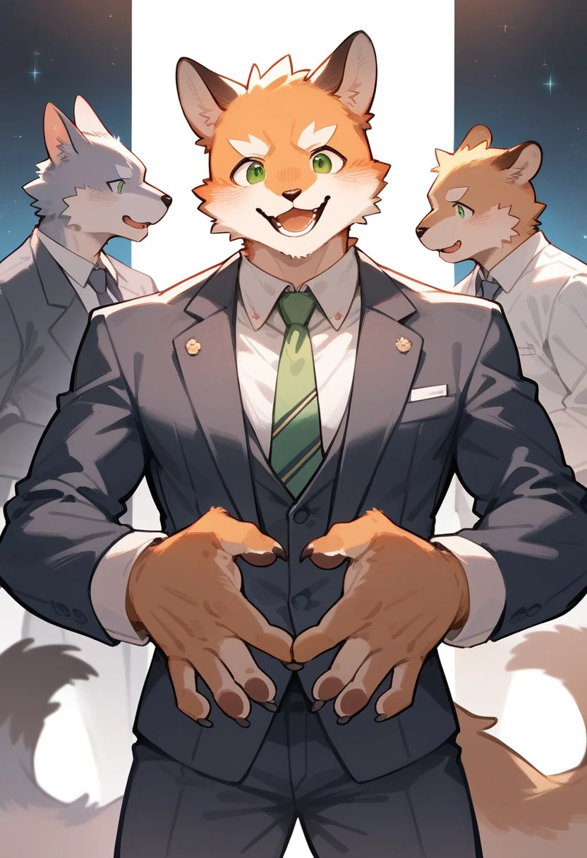cover page, highres, top quality, best quality, paid reward available, High-quality illustrations, unparalleled masterpiece, perfect artwork, absurdres, super high resolution, detailed background, perfect anatomy( nice 2boys, kemono, suit)(furry anthro:1.7)Top executives shake hands on the achievement of the project, smile, portrait,