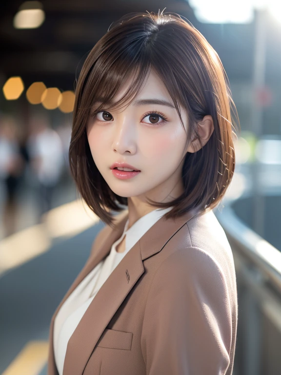 Tabletop, Highest quality, Realistic, Very detailed, finely, High resolution, 8k wallpaper, Cinema Lighting、1 person、Beautiful Japanese Women、30 years old、light brown straight bob hair, Wear a business suit, (Blurred Background、Station platform、noon、Light of the sun)、Sharp focus, Perfect dynamic composition, Narrow eyes:1.5, finelyて美しい目, Thin Hair, Detailed and Realistic skin texture, ((Sweat, blush, Open your mouth:1.3)), (Tilt your head), Close-up portrait, Model body type