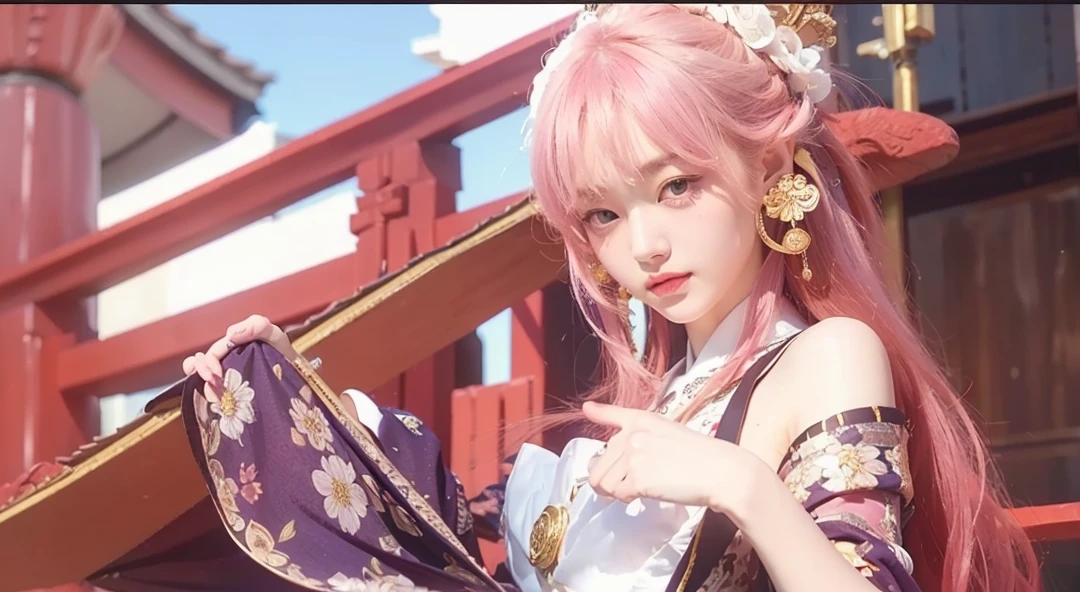 a girl with shoulder length pink hair, wavy at the ends and bangs, oval face with big purple eyes and a calm confident expression, wearing a white high collar dress decorated with red and gold floral patterns, wide long sleeves with red trim, white shorts visible at the skirt split, gold jewelry on the head like horns or wings, drop earrings with gold and red elements, platform sandals with white straps and gold jewelry, traditional eastern style clothing and accessories with elements of Japanese culture, elegant and sophisticated aristocratic look, (best quality,4k,8k,highres,masterpiece:1.2),ultra-detailed,(realistic,photorealistic,photo-realistic:1.37),intricate details,highly detailed,hyper detailed,extremely detailed face and eyes,beautiful detailed eyes,beautiful detailed lips,extremely detailed eyes and face,longeyelashes,delicate facial features,striking pose,beautiful lighting,vibrant colors,dynamic composition,cinematic lighting,dramatic shadows,elegant,refined,sophisticated,intricate,ornate,ornamental,ornate elements,traditional eastern style,japanese inspired,asian inspired