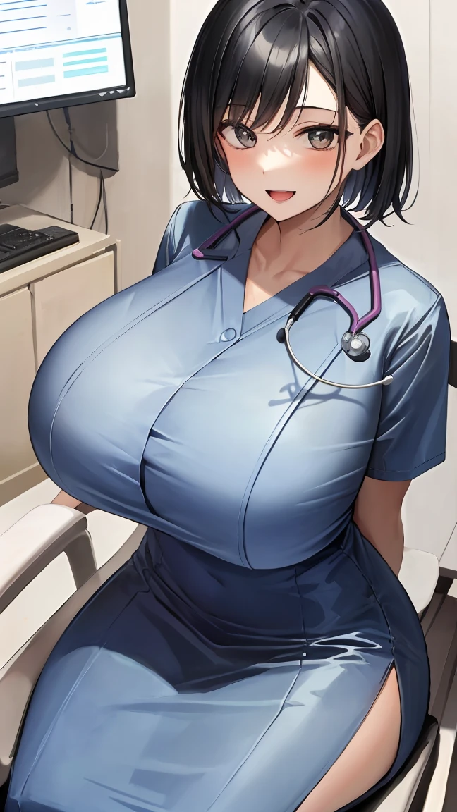 masterpiece,1 girl,Short black hair,alone,smile,Open your mouth, (looking at viewer:1.8), (doctor:1.3), (Esbian all over body:1.2), (Huge breasts:1.4), (gleaming skin:1.5), (sitting on the chair, arms behind back:1.3), (clinic:1.5),  