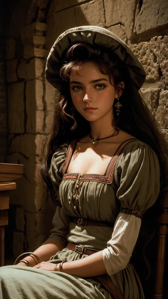 a beautiful 20 year old peasant girl named Elara, dark fantasy style, 80s, cinematic