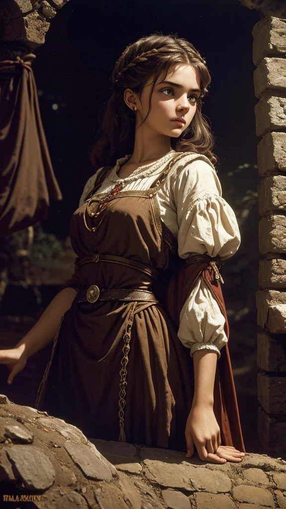 a beautiful 20 year old peasant girl named Elara, dark fantasy style, 80s, cinematic