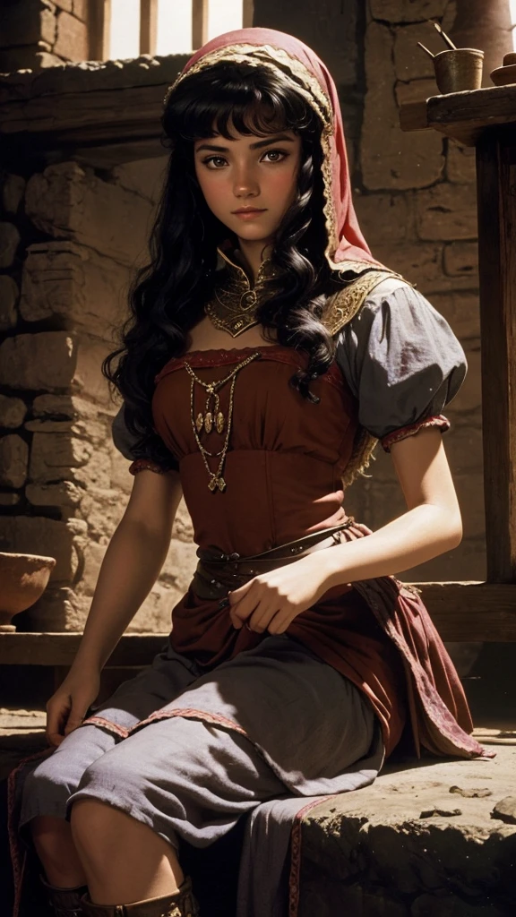 a beautiful 20 year old peasant girl named Elara, dark fantasy style, 80s, cinematic