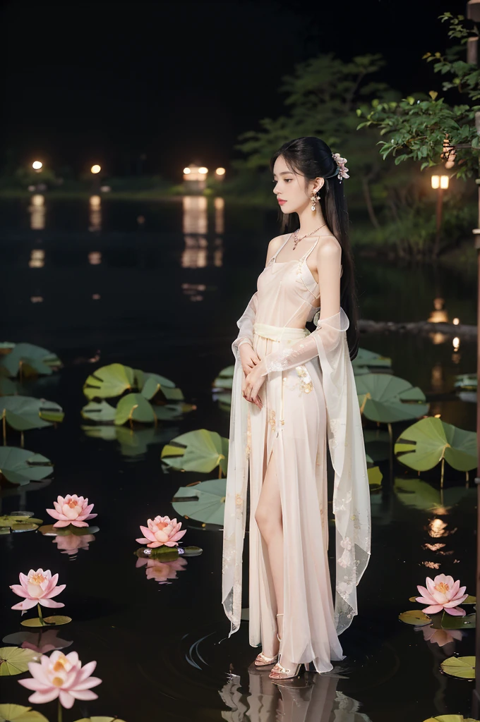 (((best quality))),(((ultra detailed))),(((masterpiece))),illustration,((1 beautiful young  girl,solo)),((slim,thin)),(shoulder length straight hair:1.2),((earrings,necklace)),((small breasts,flat chest)),(see through traditional pink sheer Hanfu dress:1.3),((slender legs,high heels)),(beside the lotus pond full of lotus flowers:1.3), serene moonlight, ethereal,floral pattern, water movement, billowing fabric, tranquil,petals, fireflies, magical warm light, dreams, invitation, (standing:1.3),(arms behind back:1.2),gazing, inner thoughts, emotional, sweet scent, natural beauty, solitude, hypnotic lull, eternal summer,(night scene:1.3), natural world, human spirit, celebration, backdrop, water, glow,(from front:1.5),(full body:1.2)