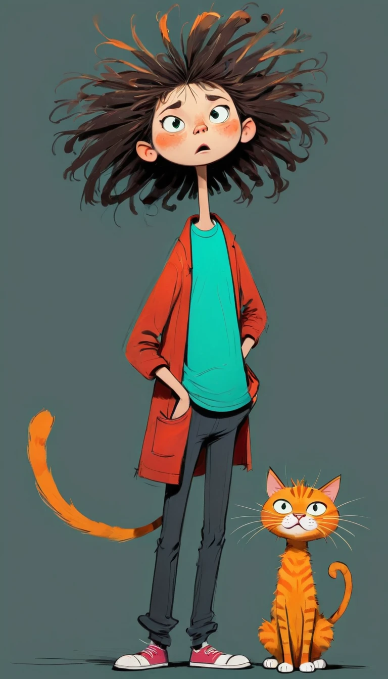 (((Exaggerated digital character sketches:1.37，Matchstick Men))).(1 huge cat and little girl，(Exaggerated expression,Exaggerated hairstyle)，Messy hair)，(Black sketch lines，Loose brushstrokes create the outline，Cartoon Style. Bright colors and simplified lines, sketch)。(Exaggerated body movements),(Large area of blank）