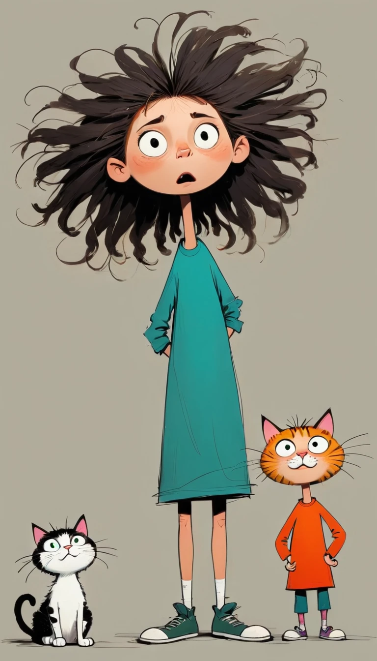 (((Exaggerated digital character sketches:1.37,Matchstick Men))).(1 huge cat and ,(Exaggerated expression,Exaggerated hairstyle),Messy hair),(Black sketch lines,Loose brushstrokes create the outline,Cartoon Style. Bright colors and simplified lines, sketch)。(Exaggerated body movements),(Large area of blank)