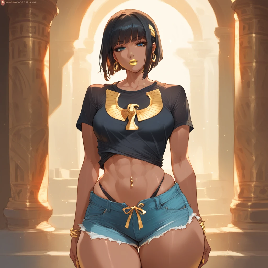 mixed_artwork style, 1 girl, standing alone, hands, beautiful woman, Egyptian, short hair, straight bangs, hair with golden tips, eyes the color of old gold, gold strings, wide hips, shorts with holes on the sides, panty hem, six pack abs, Black t-shirt, gold lipstick, tanned brown skin, navel piercing, realistic, textures, 8K, perfect hand, perfect anatomy, visible curves, small Breasts
