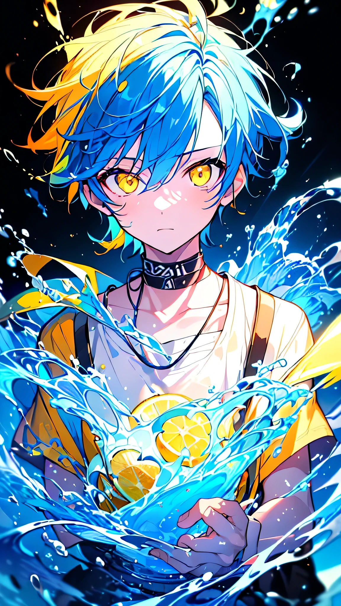 [(BLACK BACKGROUND:1.5),::5], ((((masterpiece)))), high quality, very_high_resolution, large_filesize, upper body, full color, ((younger boy)), 13 old year, short deepblue hair, vivid color, ((yellow eye)), Summer clothes white, animestyle, (NeonSoda Splash effect:1.3)