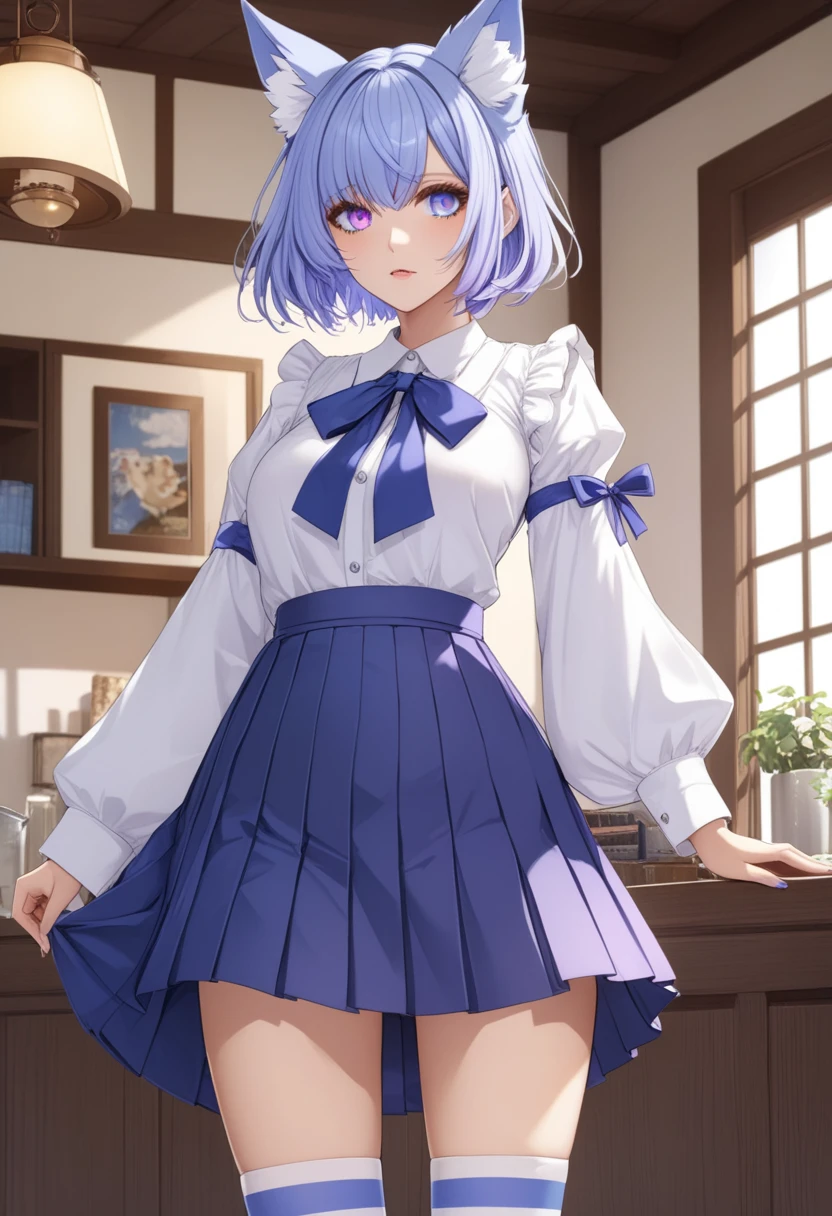 (masterpiece, best quality:1.2)((silver hair))((heterochromia blue and violet eyes)),solo,1girl,((eyes tilted outward)), animal_ears,averting_eyes,standing_fox_ears,hair_between_eyes,basic_blue_hairpin,short_hair, bob_hair, casual_clothing, puffy_sleeves, wide_sleeves, girly_clothes, pleated_skirt, catface_stocking