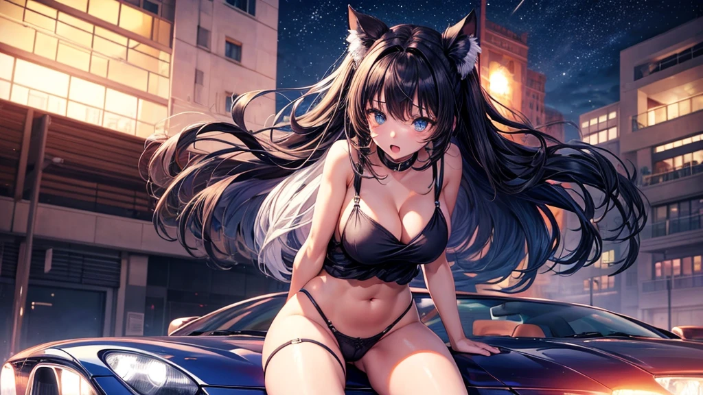 make anime girl in night, girl have big tits, she is siting on the car