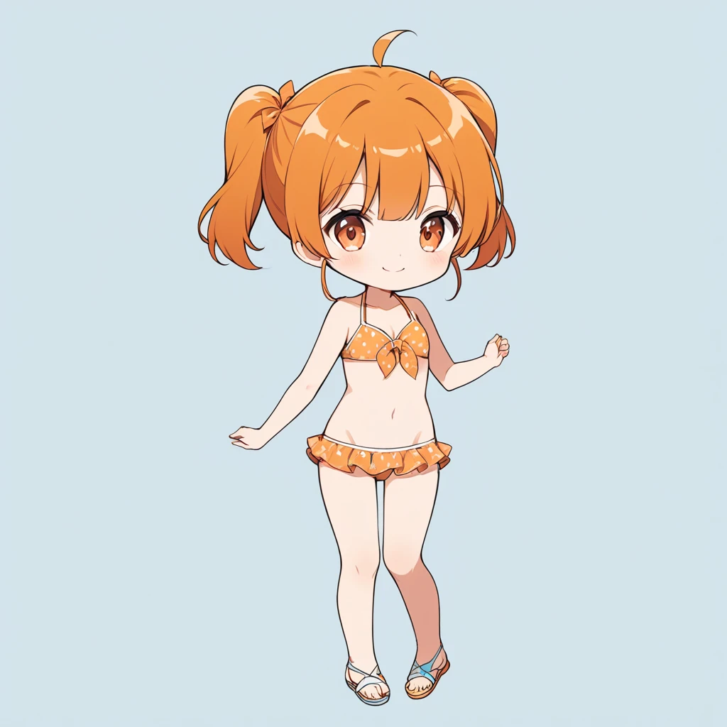 Orange Hair, Orange eyes,girl,Pigtails with both ends tied,smile, Little, in swimsuit,girl一人,Littleキャラ,anime,whole body,mini,bikini