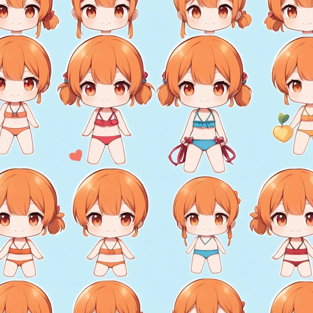 Orange Hair, Orange eyes,girl,Pigtails with both ends tied,smile, Little, in swimsuit,girl一人,Littleキャラ,anime,whole body,mini,bikini