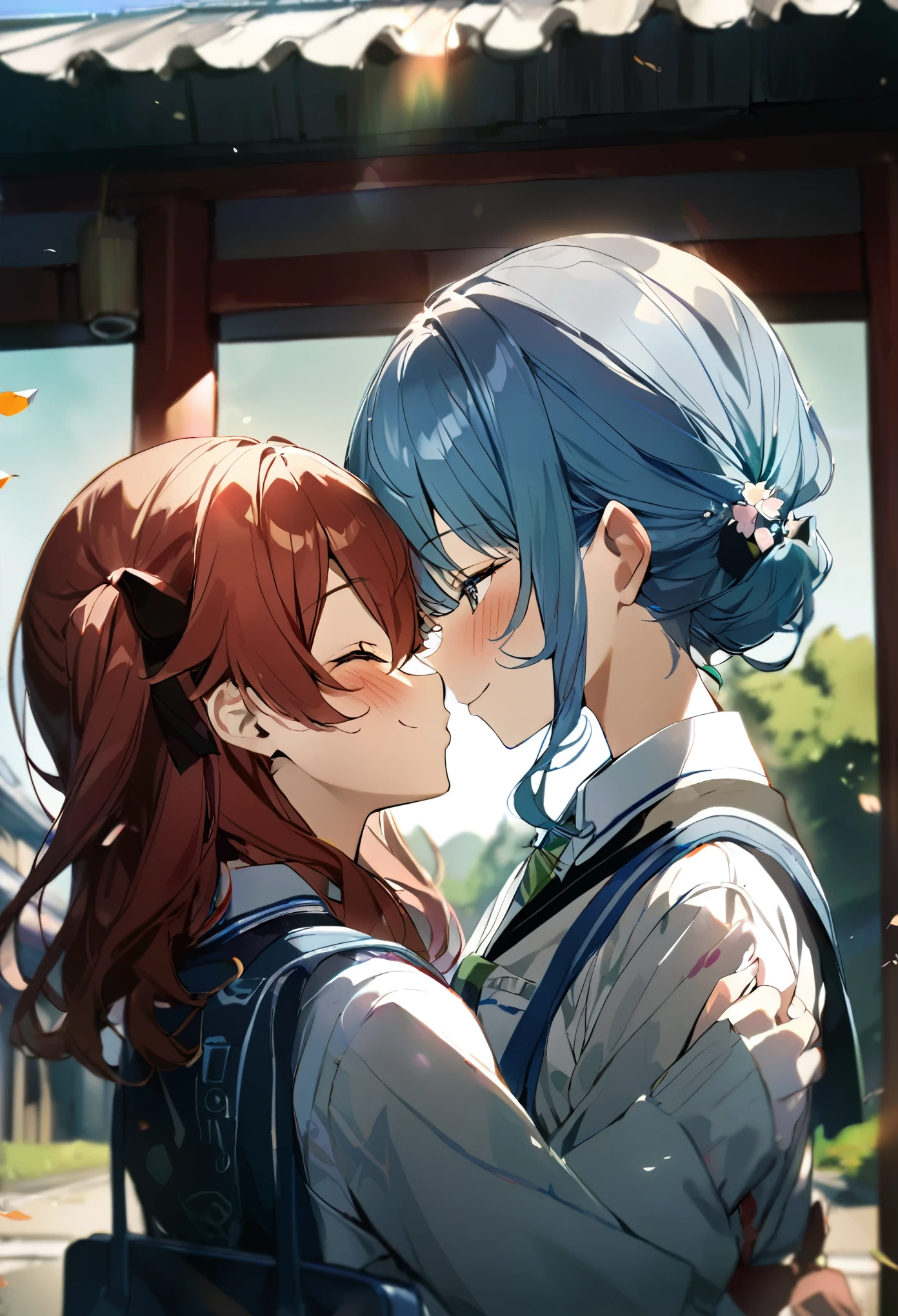 (((2girls))), together, two people, masterpiece, best quality, integrated scenery, integrated background, extremely delicate and beautiful, meticulous details, good composition, closed_eyes, cute face, perfect face, perfect hands, fingernails, sakura miko, SakuraMiko, HoshimachiSuisei, hoshimachi suisei, blurry background, sunlight, light blush, ((school)), upper body, looking each other, smile, , (hugging each other),in_school,sunlight,kissing,happiness,