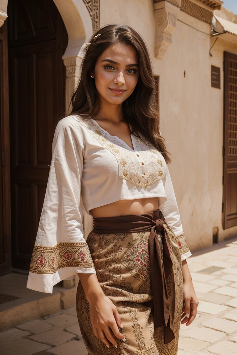 Instagram models pose in Fes, in traditional clothes, full entire body, beautiful detailed eyes, beautifully detailed lips, extremely detailed eyes and face, short, nice rosa Haar ((best qulaity)), ((masterpiece)), (detailled), perfect face, full entire body, smile , long brown curvy hair