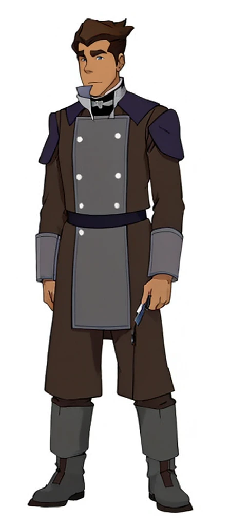A deep blue uniform cloth cloak decorated with white fur

A purple uniform cloth coat with blue long sleeves

A deep blue uniform cloth pants

A pair of dark grey leather arm bands with brown border

A dark grey leather choker with buttons

A purple uniform cloth girdle