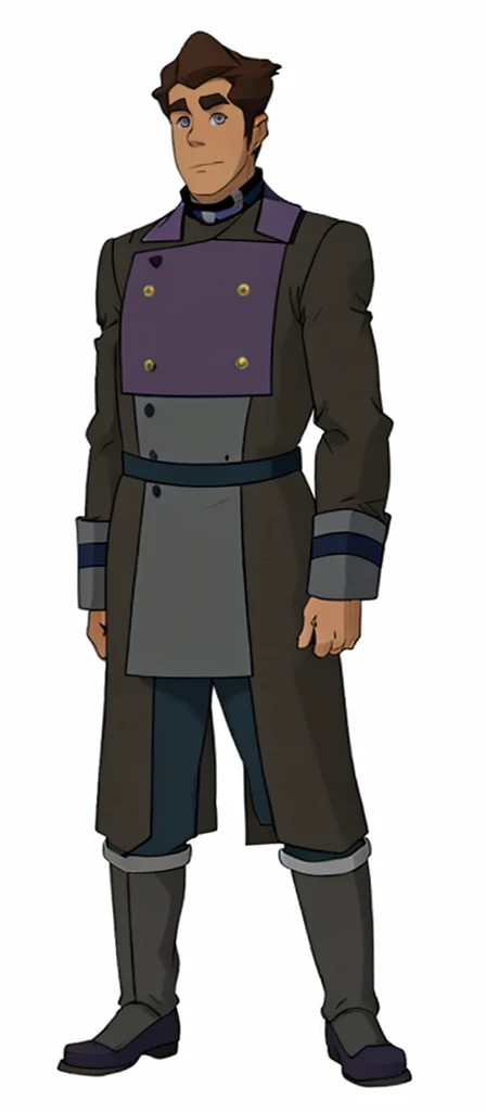A deep blue uniform cloth cloak decorated with white fur
A purple uniform cloth coat with blue long sleeves
A deep blue uniform cloth pants
A pair of dark grey leather arm bands with brown border
A dark grey leather choker with buttons
A purple uniform cloth girdle