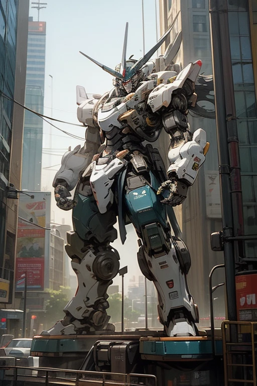 {{A robot with a toilet bowl as its head}},Super Robot,Giant Robot,Standing in a big city,Retro,masterpiece,best quality,super detailed,super fine illustration