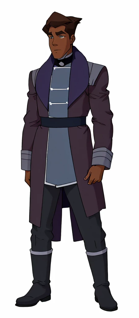 A deep blue uniform cloth cloak decorated with white fur

A purple uniform cloth coat with blue long sleeves

A deep blue uniform cloth pants

A pair of dark grey leather arm bands with brown border

A dark grey leather choker with buttons

A purple uniform cloth girdle