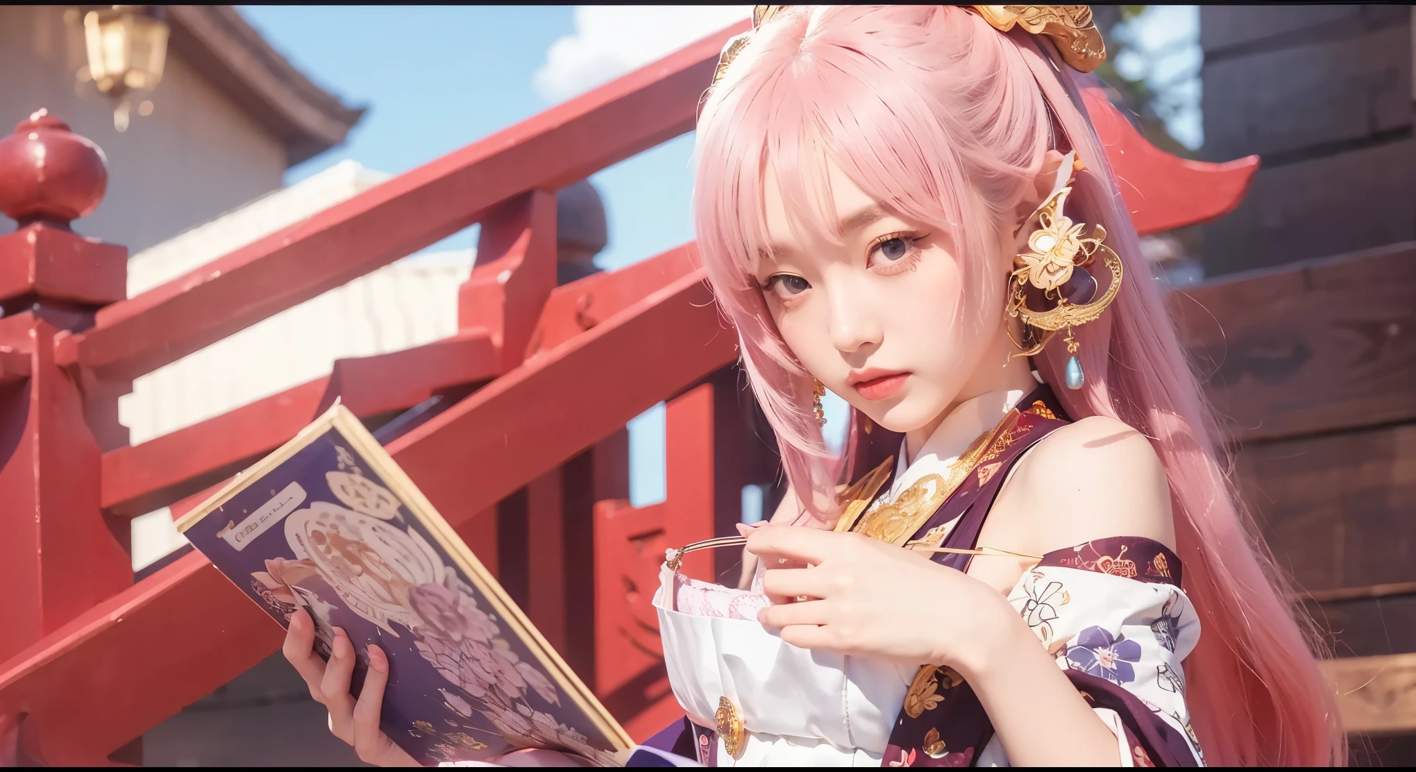 a girl with shoulder length pink hair, wavy at the ends and bangs, oval face with big purple eyes and a calm confident expression, wearing a white high collar dress decorated with red and gold floral patterns, wide long sleeves with red trim, white shorts visible at the skirt split, gold jewelry on the head like horns or wings, drop earrings with gold and red elements, platform sandals with white straps and gold jewelry, traditional eastern style clothing and accessories with elements of Japanese culture, elegant and sophisticated aristocratic look, (best quality,4k,8k,highres,masterpiece:1.2),ultra-detailed,(realistic,photorealistic,photo-realistic:1.37),intricate details,highly detailed,hyper detailed,extremely detailed face and eyes,beautiful detailed eyes,beautiful detailed lips,extremely detailed eyes and face,longeyelashes,delicate facial features,striking pose,beautiful lighting,vibrant colors,dynamic composition,cinematic lighting,dramatic shadows,elegant,refined,sophisticated,intricate,ornate,ornamental,ornate elements,traditional eastern style,japanese inspired,asian inspired