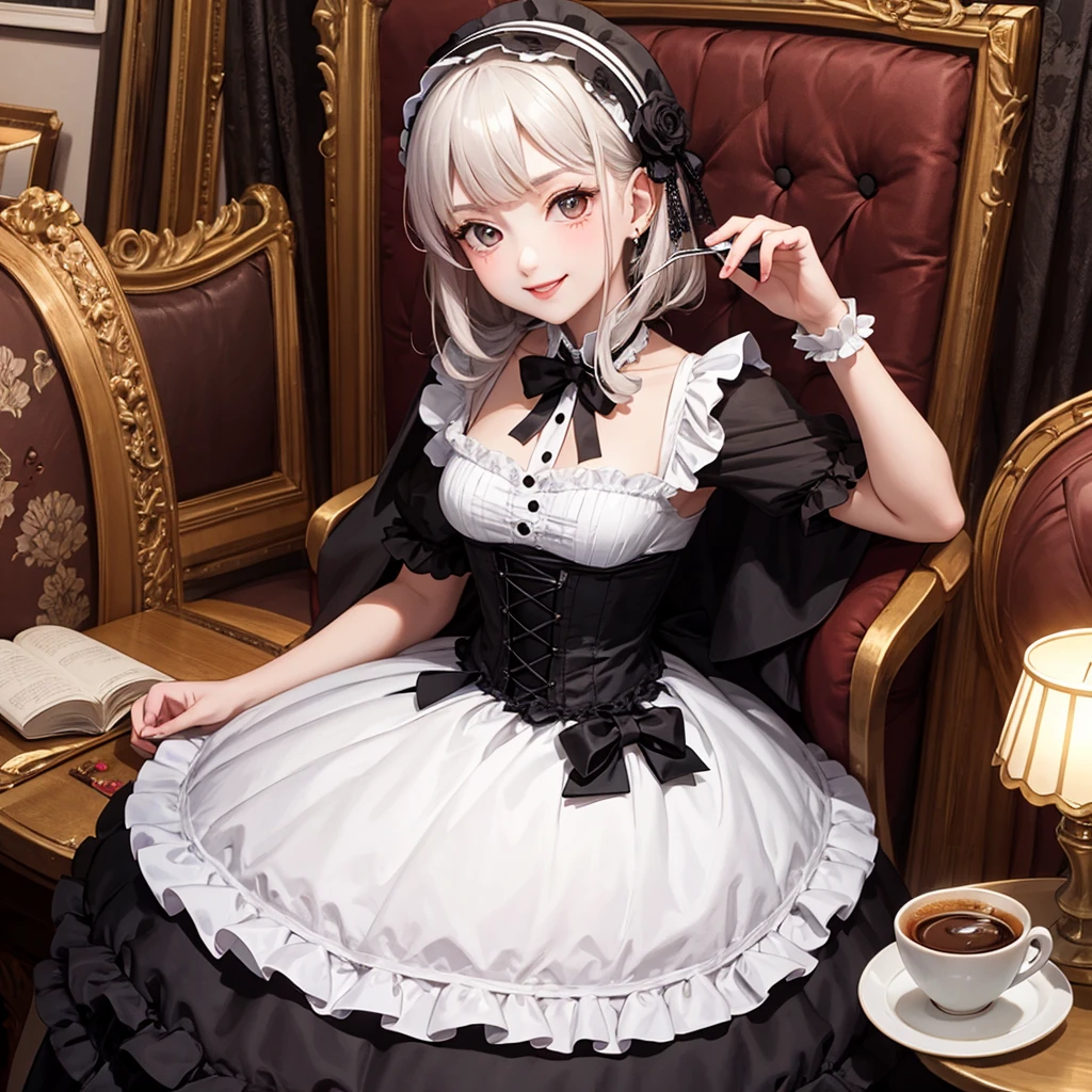 Coffee Break,Gothic Lolita,Victorian Era,Gothic ,one girl,Smile，Chocolate cake
