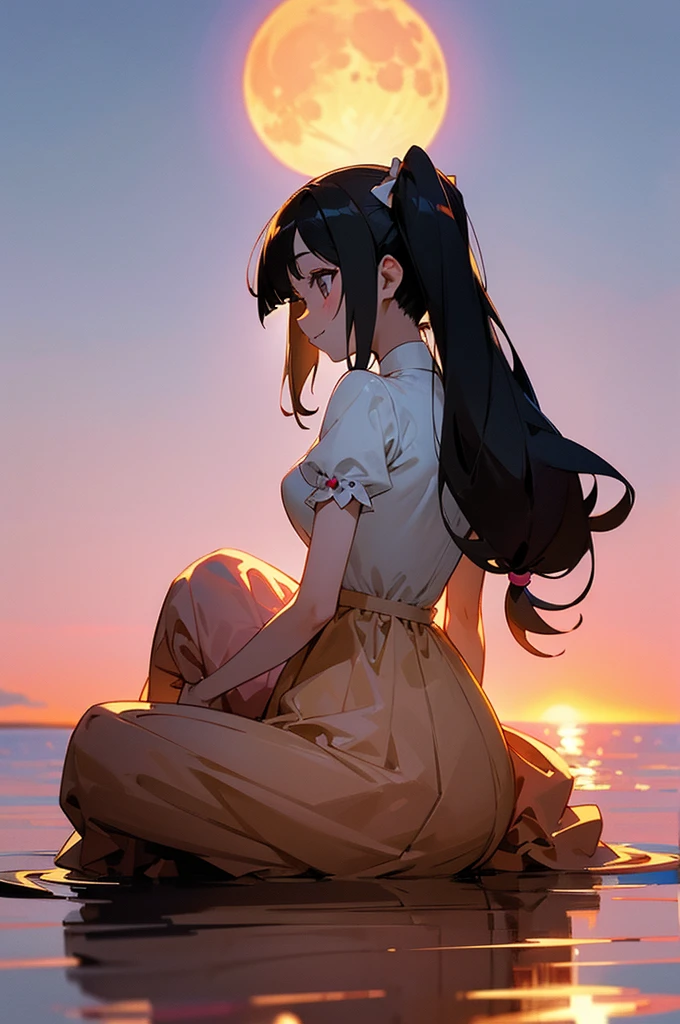 masterpiece, best quality, ultra detailed, outdoors, nature ,shore, {simple background} ,reflective water, a girl, idol, happy, smiling, sitting on the floor, looking away ,medium twintail, black hair, {{curly}}, black hair, odd eyes, droopy eyes, pale skin, beautiful breasts, {{{pink Lolita Costume}}}, {with a perfect circle of one full moon} , in the evening, nostalgic atmosphere, cel anime, full body shot, on right, from behind, golden ratio, golden hour, directional light, in focus with blurred background, dark_pink