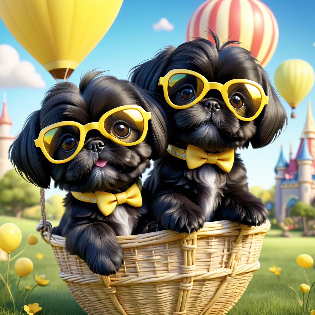 2 adorable small black shih tzu puppies,wearing yellow sunglasses,hot air balloon,3d cartoon,3d render,disney pixar style,cute,whimsical,soft lighting,vibrant colors,photorealistic,highly detailed,masterpiece,best quality