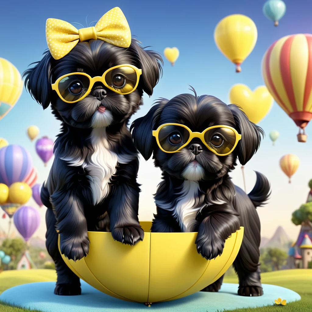 2 adorable small black shih tzu puppies,wearing yellow sunglasses,hot air balloon,3d cartoon,3d render,disney pixar style,cute,whimsical,soft lighting,vibrant colors,photorealistic,highly detailed,masterpiece,best quality