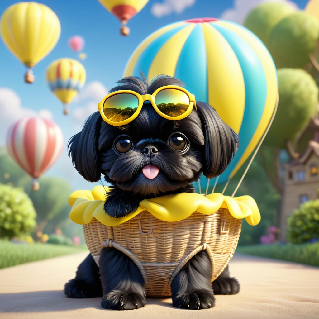 2 adorable small black shih tzu puppies,wearing yellow sunglasses,hot air balloon,3d cartoon,3d render,disney pixar style,cute,whimsical,soft lighting,vibrant colors,photorealistic,highly detailed,masterpiece,best quality